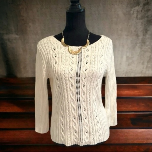 Jones New York Country Cream White Open Cable Knit Sweater Women's Small Casual - Picture 1 of 6